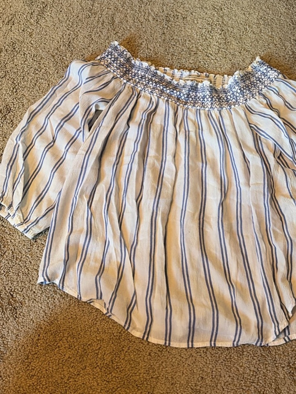 Abercrombie & Fitch White Off-Shoulder Blouse with Blue Stripes